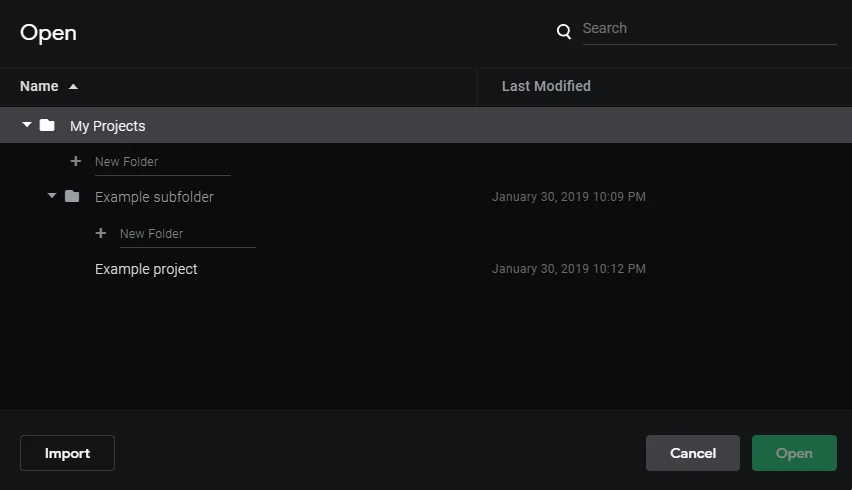 Open project dialog with projects and folders