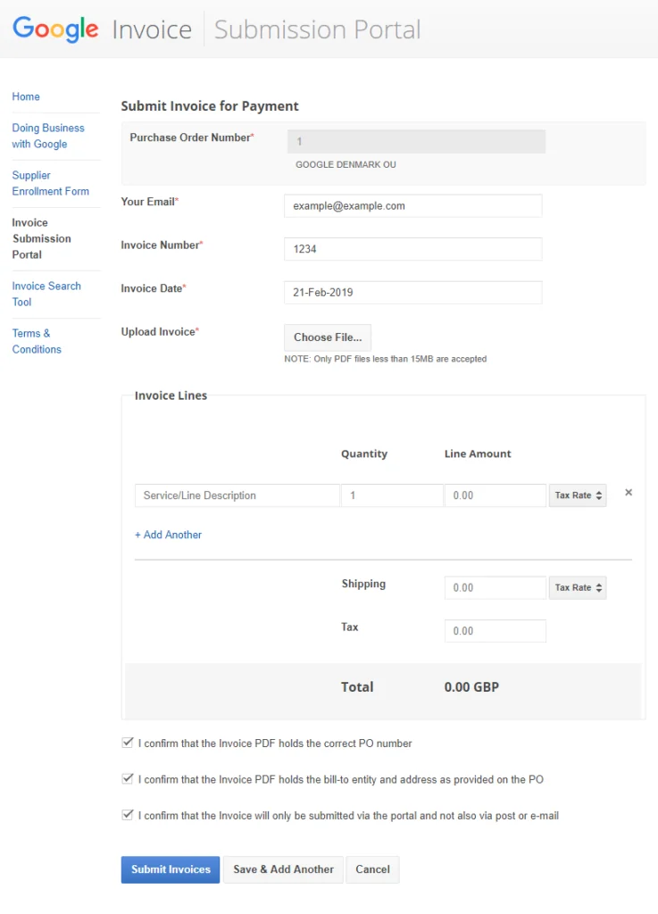 Google invoice submission form